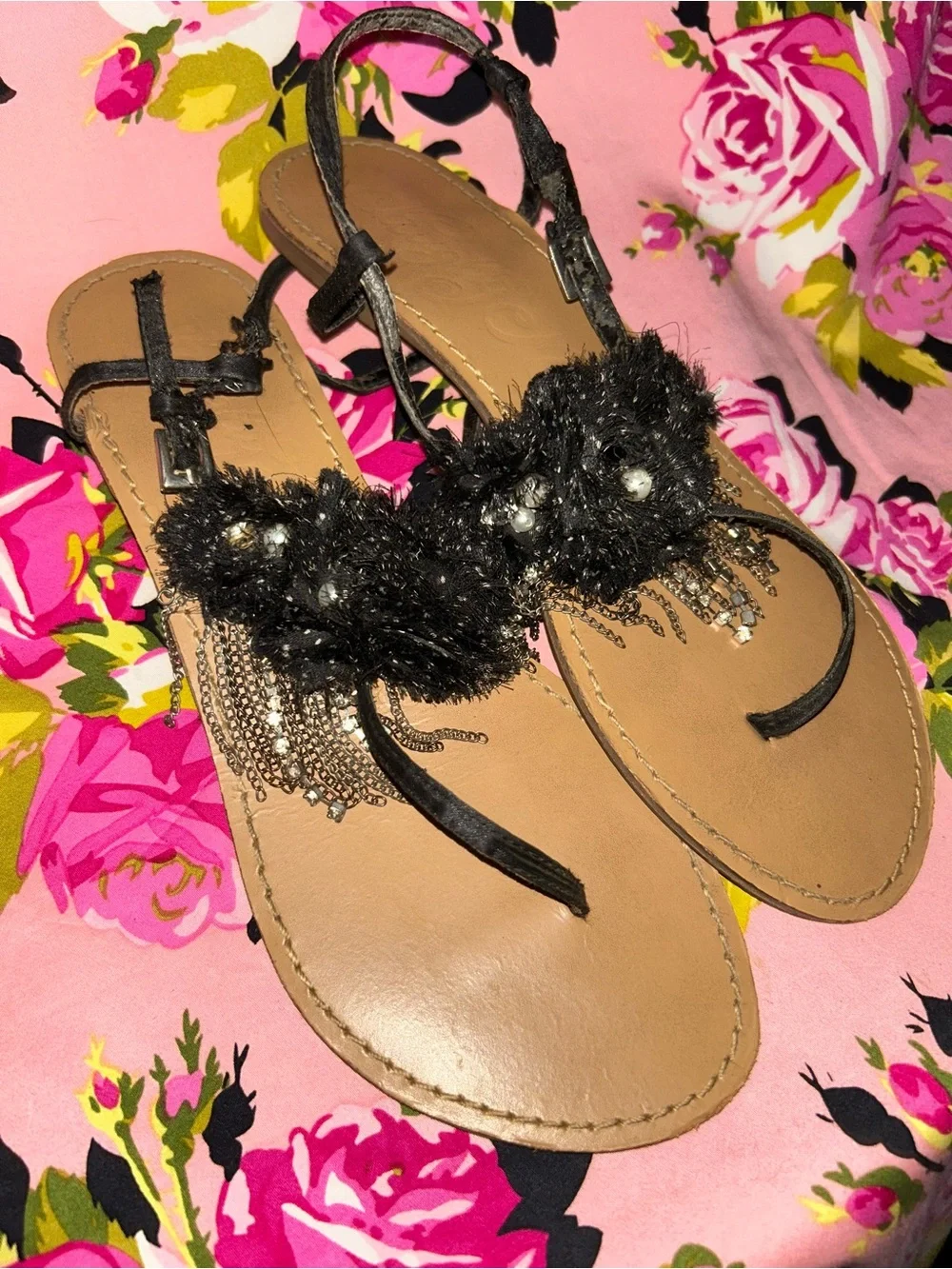 Naughty Monkey Black crystal thong sandals flip flops 90’s Y2K vintage shoes 9